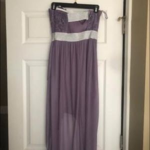 Purple and silver strapless formal dress